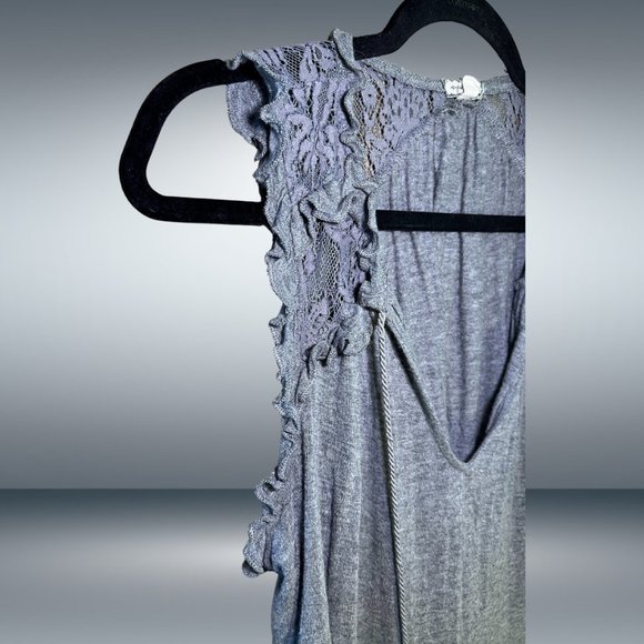 Eyeshadow Heather Grey Frill Ruffle Trim Tank with Tie V-Neck Collar - Picture 3 of 6